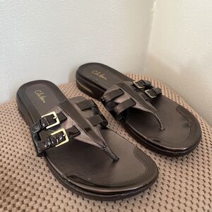 COLE HAAN NikeAir Bronze Buckle Patent Leather Boho Flat Sandal- Size 11 B